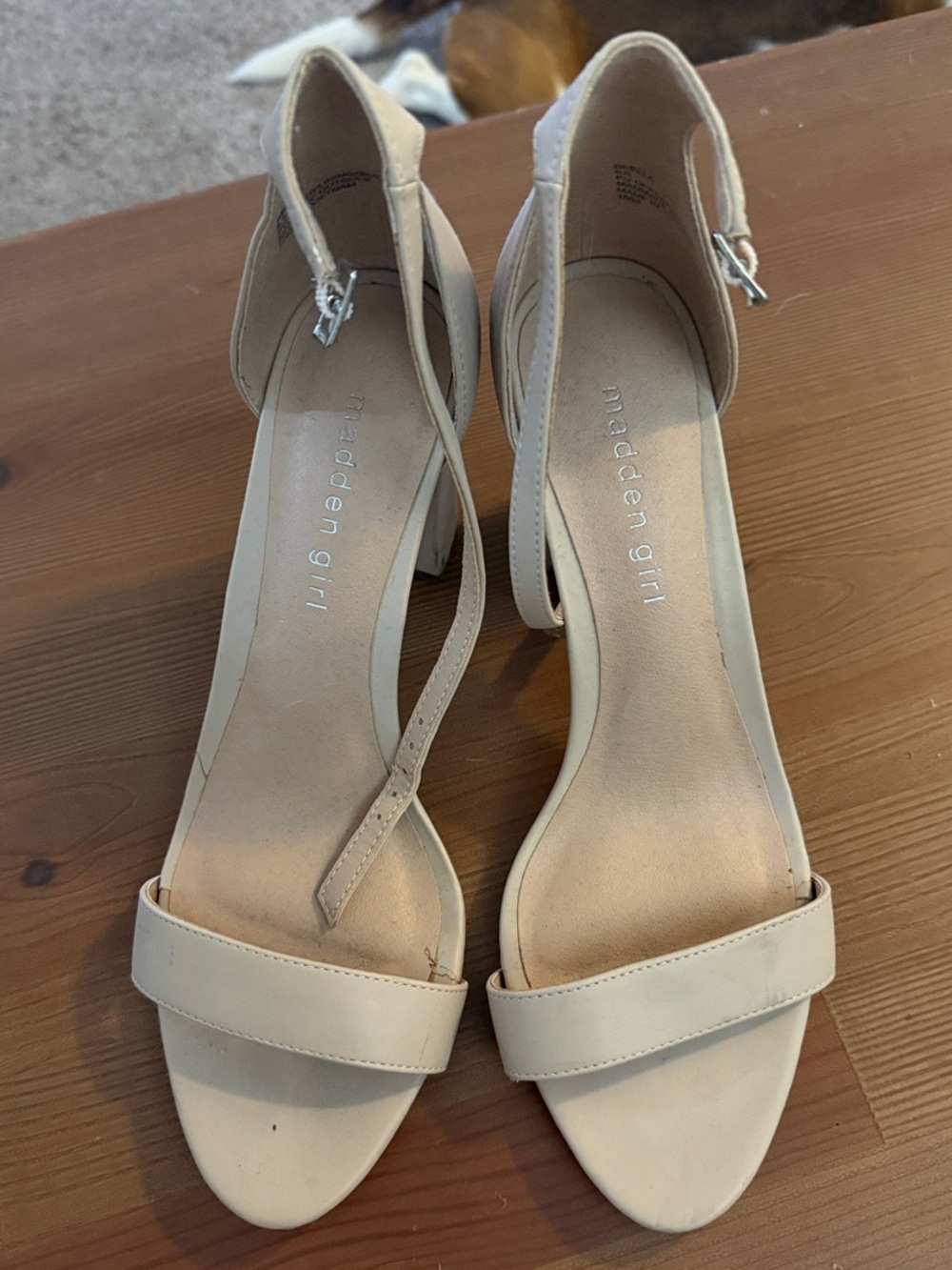 Madden Girl Neutral Cream Ankle-Strap Block Heels